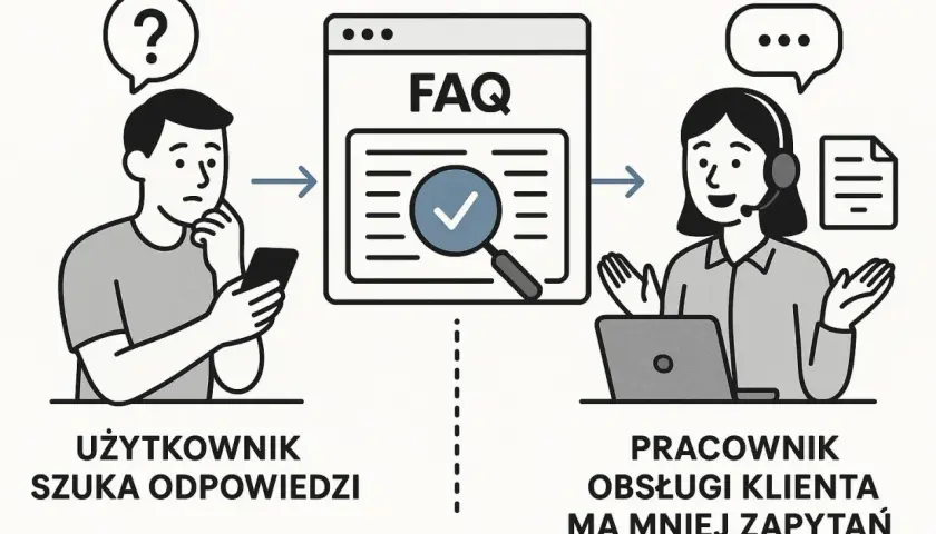 Użytkownik szuka odpowiedzi na pytanie, co to jest FAQ. Dział obsługi klienta ma mniej zapytań dzięki sekcji FAQ.