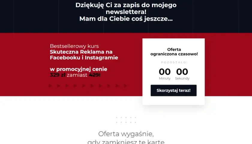Dziękuję za zapis! Oto Twoja thank you page z ofertą kursu "Skuteczna Reklama na Facebooku i Instagramie" w promocyjnej cenie.