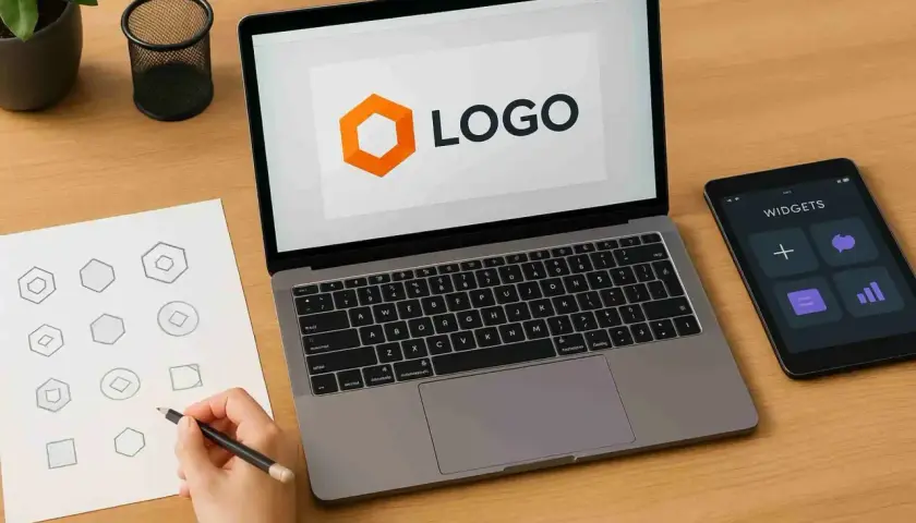 Projektowanie logo i wybór widżetów na tablet.