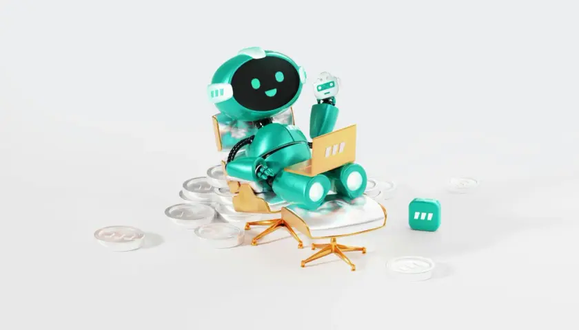 Uroczy bot siedzi na krześle, pracując na laptopie. Wokół niego leżą monety, a obok kostka z symbolem. To właśnie boty co to - pomocnicy w cyfrowym świecie.