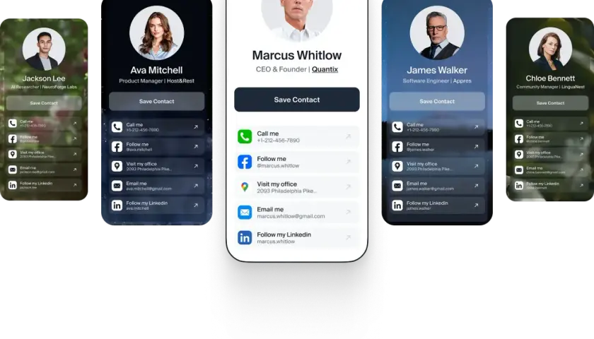 Wizytówki cyfrowe z danymi kontaktowymi, w tym opcją "Save Contact" i linkami do mediów społecznościowych, tworzą spersonalizowany vanity url.