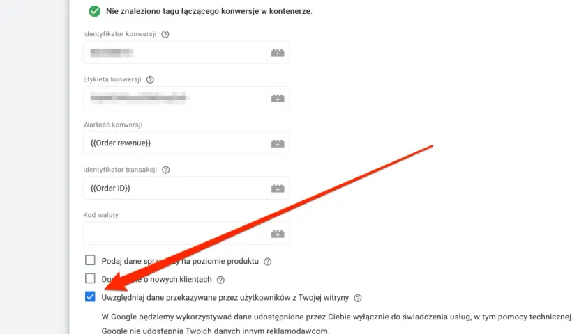 Ustawienia Google Ads: zaznaczono opcję "Uwzględniaj dane przekazywane przez użytkowników z Twojej witryny", co pozwala na **konwersje rozszerzone**.