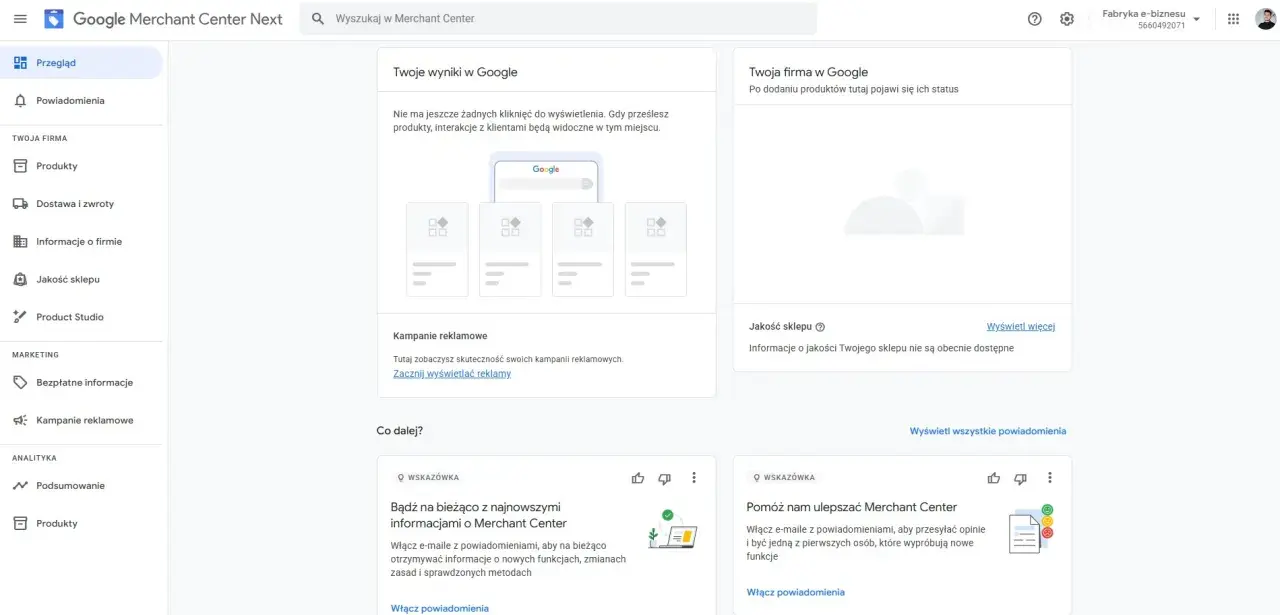 Panel Google Merchant Center Next pokazuje podsumowanie Twojej firmy w Google, wyniki kampanii reklamowych i wskazówki. Dowiedz się, merchant center co to jest i jak z niego korzystać.