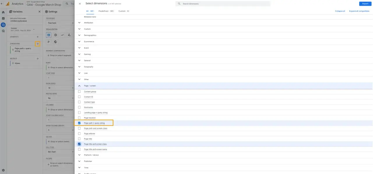 Wybieranie wymiaru "Page path + query string" do analizy page views.