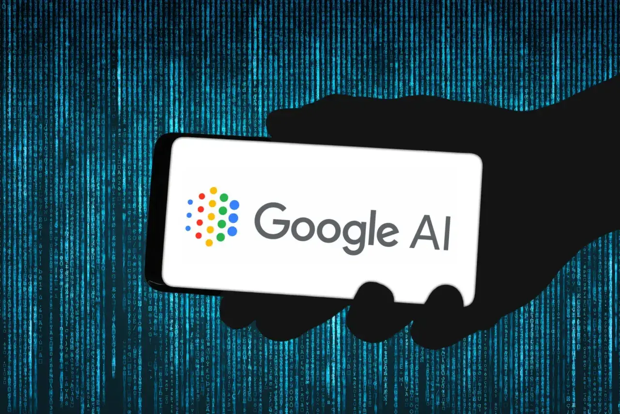 Dłoń trzyma smartfon z logo Google AI na tle cyfrowego kodu. To przyszłość wyszukiwania, czyli google sge.