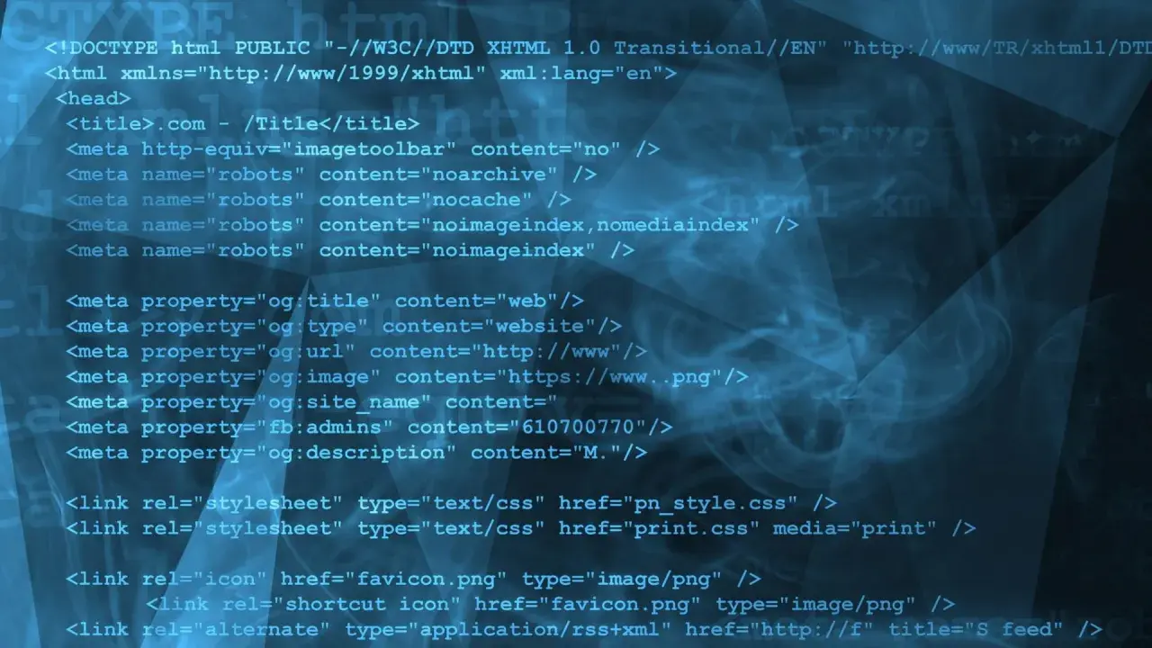 Kod HTML strony internetowej z tagami meta, linkami do stylów i ikon. Kod jest niebieski na ciemnym tle.
