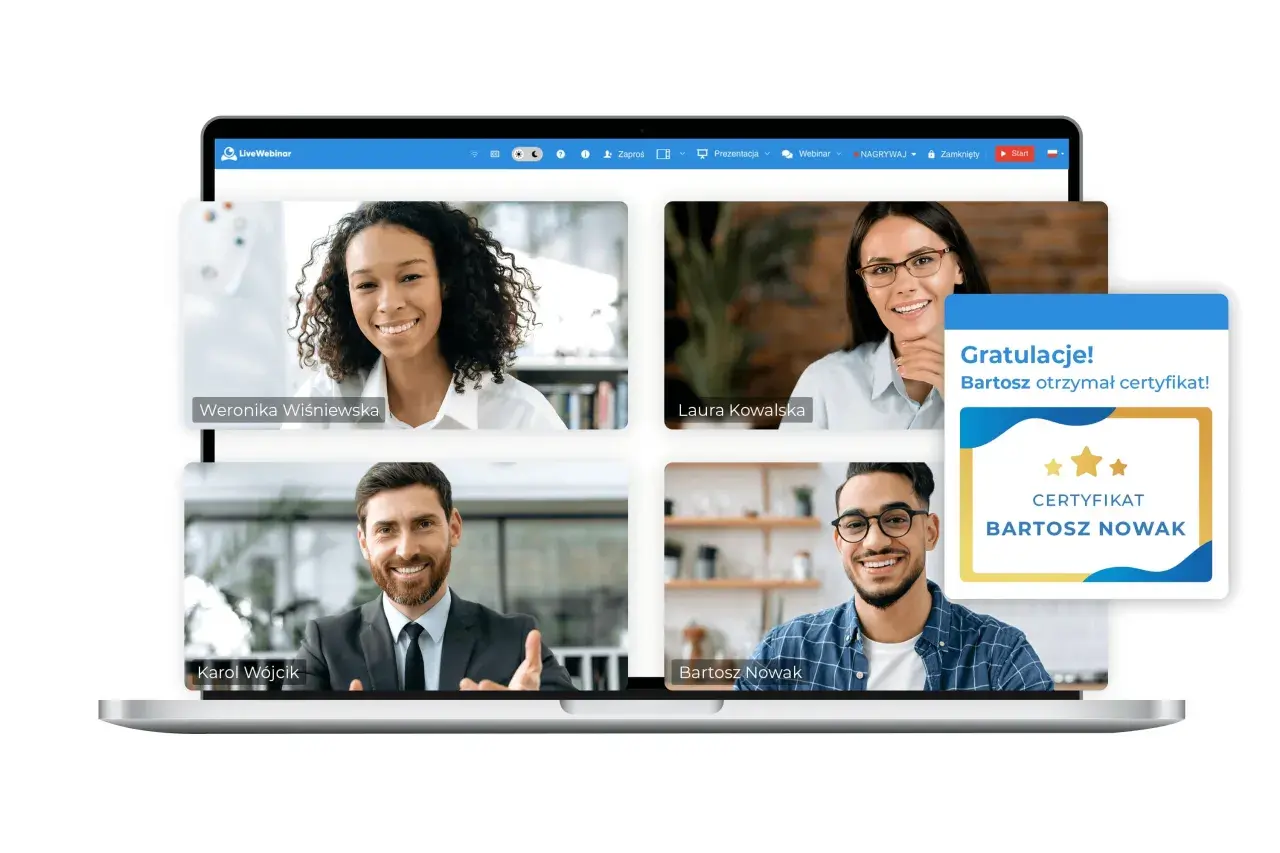 Uczestnicy wirtualnego spotkania, gdzie każdy może dowiedzieć się, webinarium co to jest. Gratulacje dla Bartosza za certyfikat!