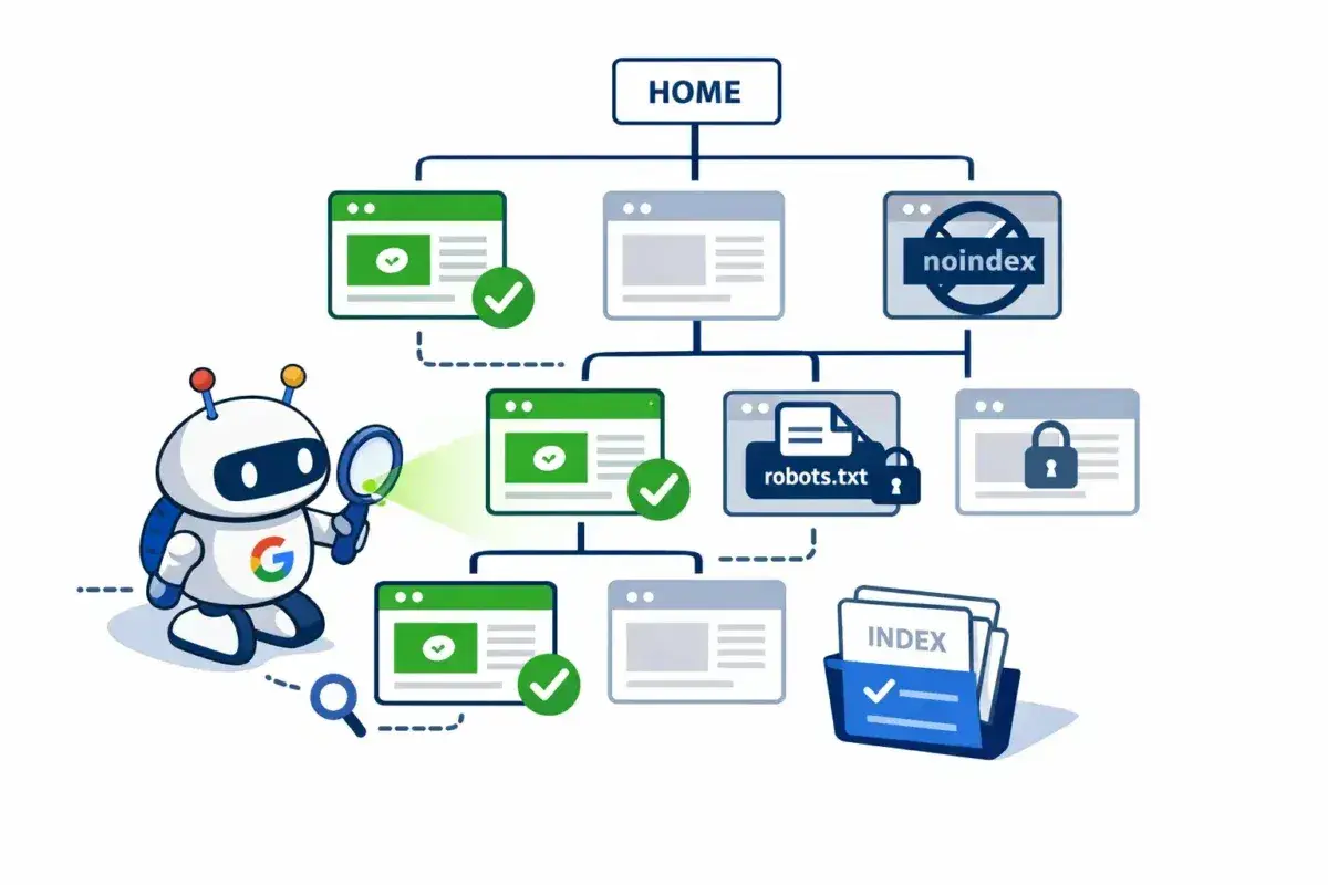 Robot Google bada strukturę strony, sprawdzając jej zawartość pod kątem indeksowania i budując zaufanie (trust rank).