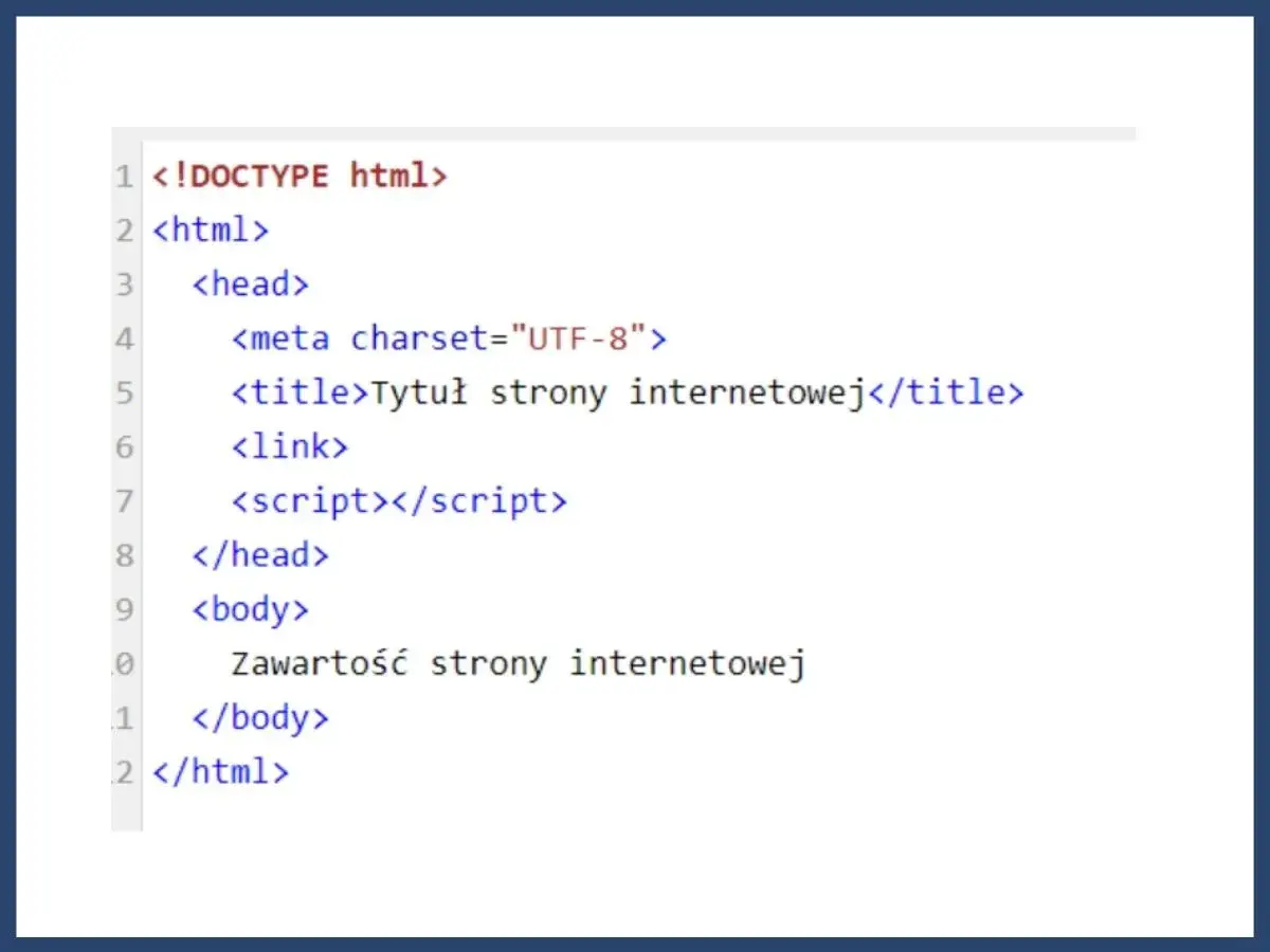 Kod źródłowy strony internetowej z podstawowymi znacznikami HTML, takimi jak `<html>`, `<head>`, `<body>` i `<title>`.