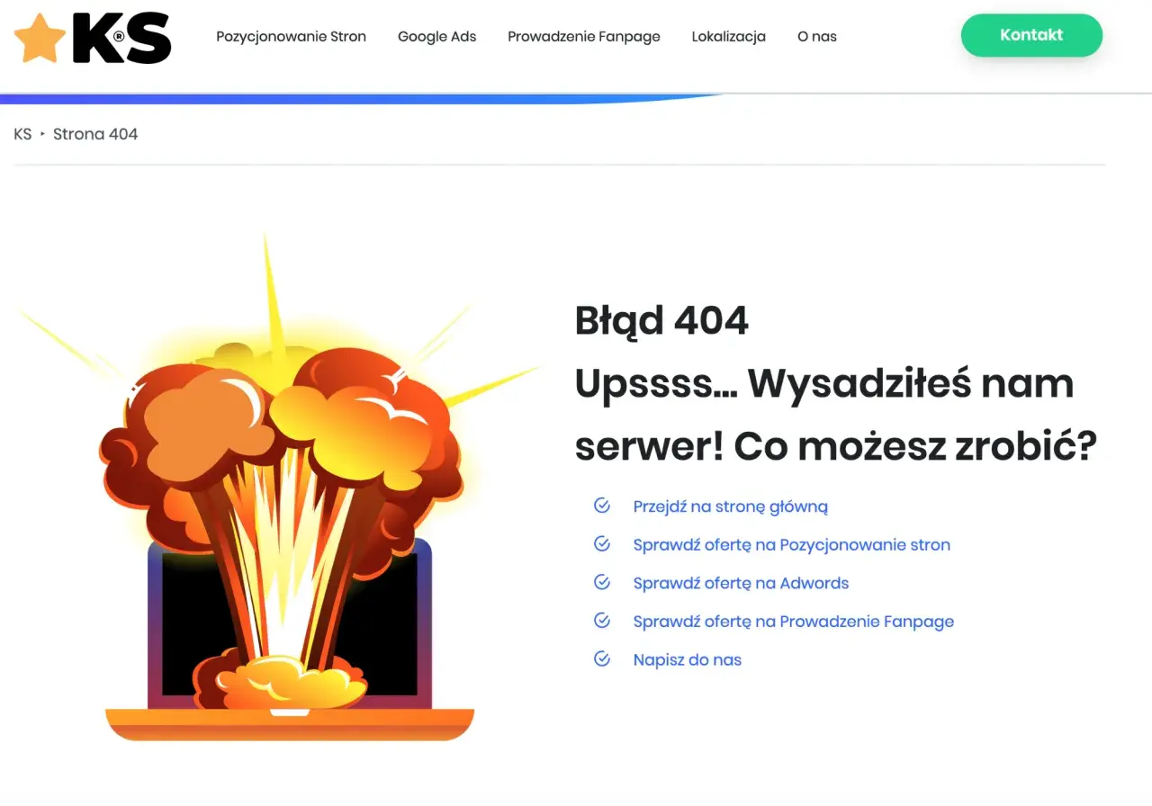 Strona 404: wybuchowy błąd serwera na laptopie. Sprawdź ofertę lub wróć na stronę główną.