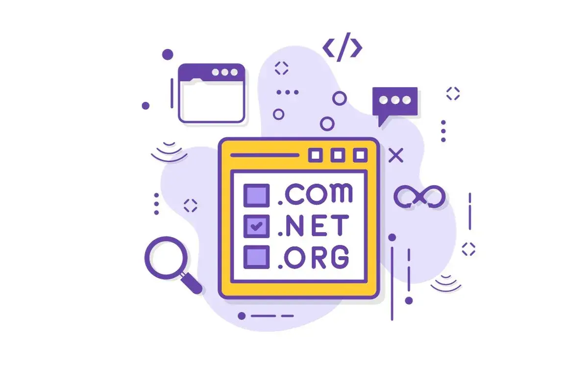 Wybór domeny najwyższego poziomu: .com, .net, .org. Ikony symbolizują wyszukiwanie, kodowanie i komunikację.