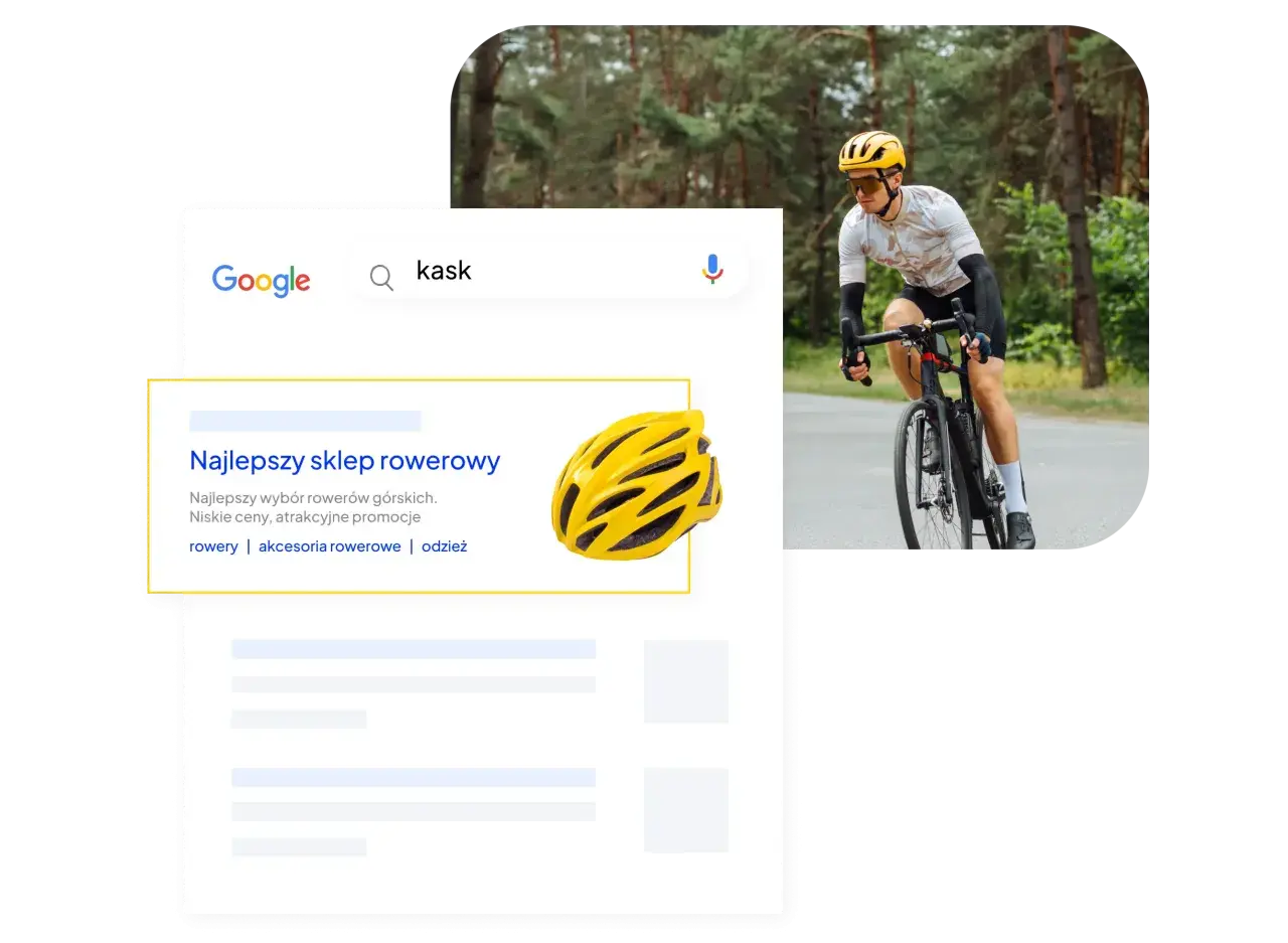 Szukasz kasku rowerowego? Ten shoper SEO pokazuje wyniki wyszukiwania Google z ofertą najlepszego sklepu rowerowego, rowerami i akcesoriami.