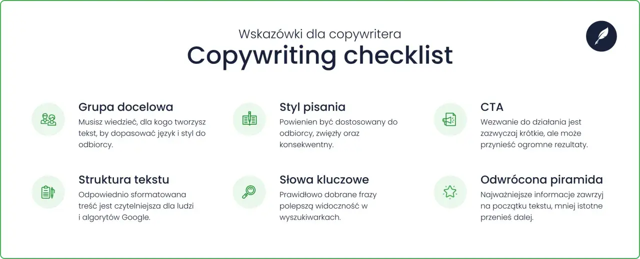 Checklista dla copywritera: grupa docelowa, styl, CTA, struktura, słowa kluczowe i odwrócona piramida to kluczowe elementy profesjonalnego copywritingu.