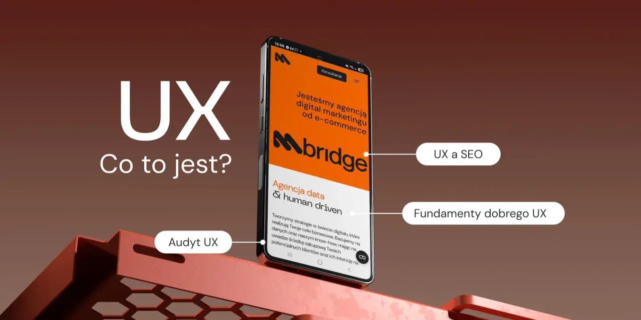 Projektowanie doświadczeń użytkownika (UX) to klucz do sukcesu. Na ekranie telefonu widać hasła: "Audyt UX", "UX a SEO", "Fundamenty dobrego UX".