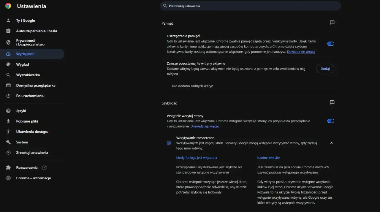 Ustawienia Google Chrome: Wydajność, Oszczędzanie pamięci, Wstępne wczytywanie stron.