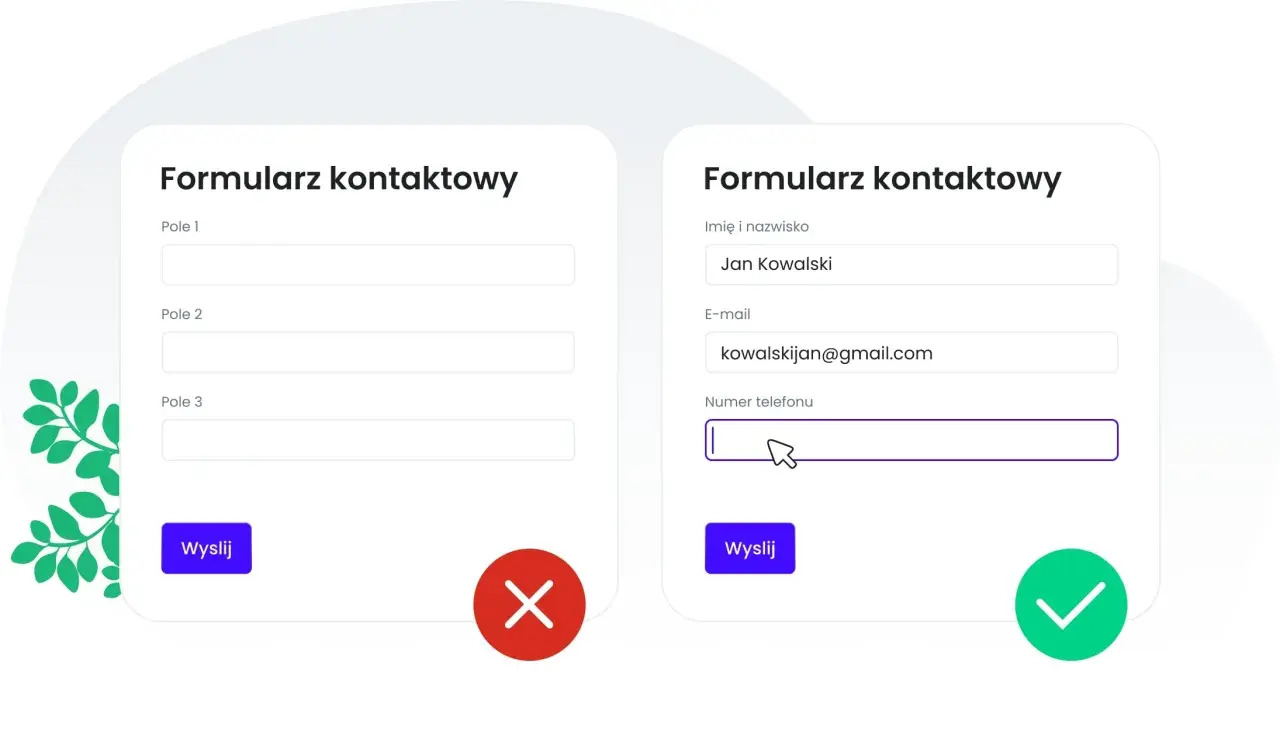 Formularz kontaktowy po prawej jest poprawnie wypełniony, co pokazuje, że WCAG co to jest ważne dla dostępności.