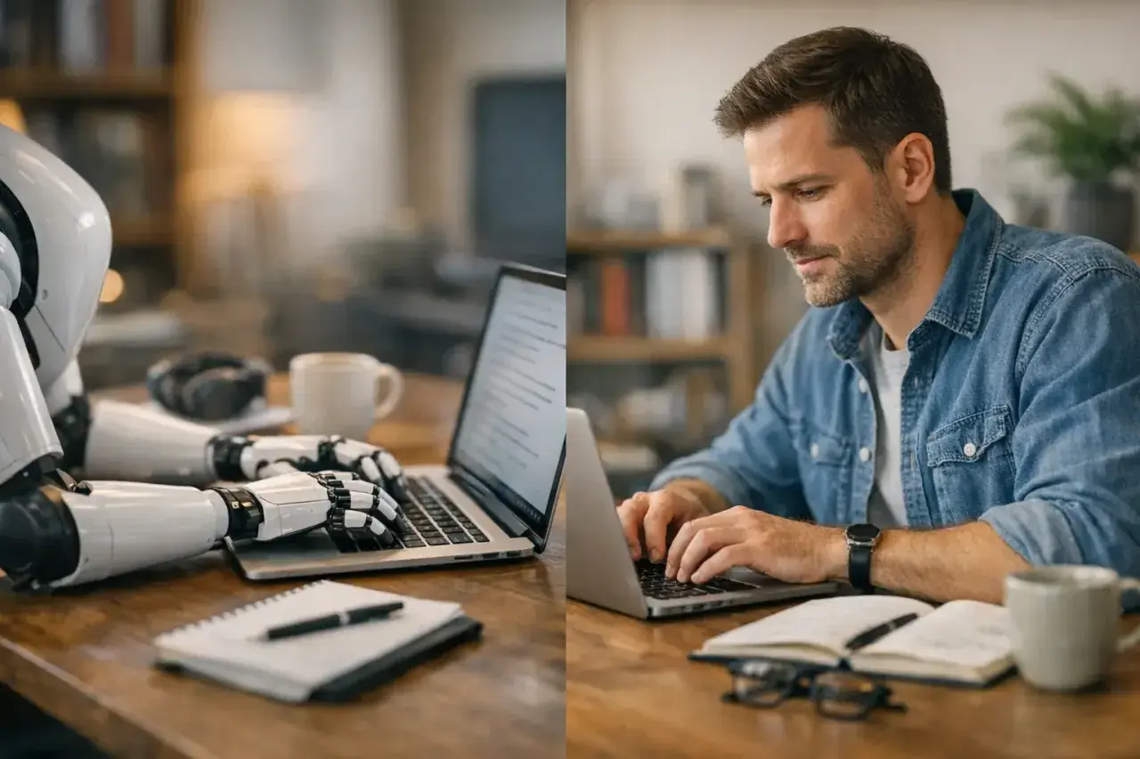 Robot i człowiek pracują przy laptopach. AI copywriter wspiera twórcę treści.
