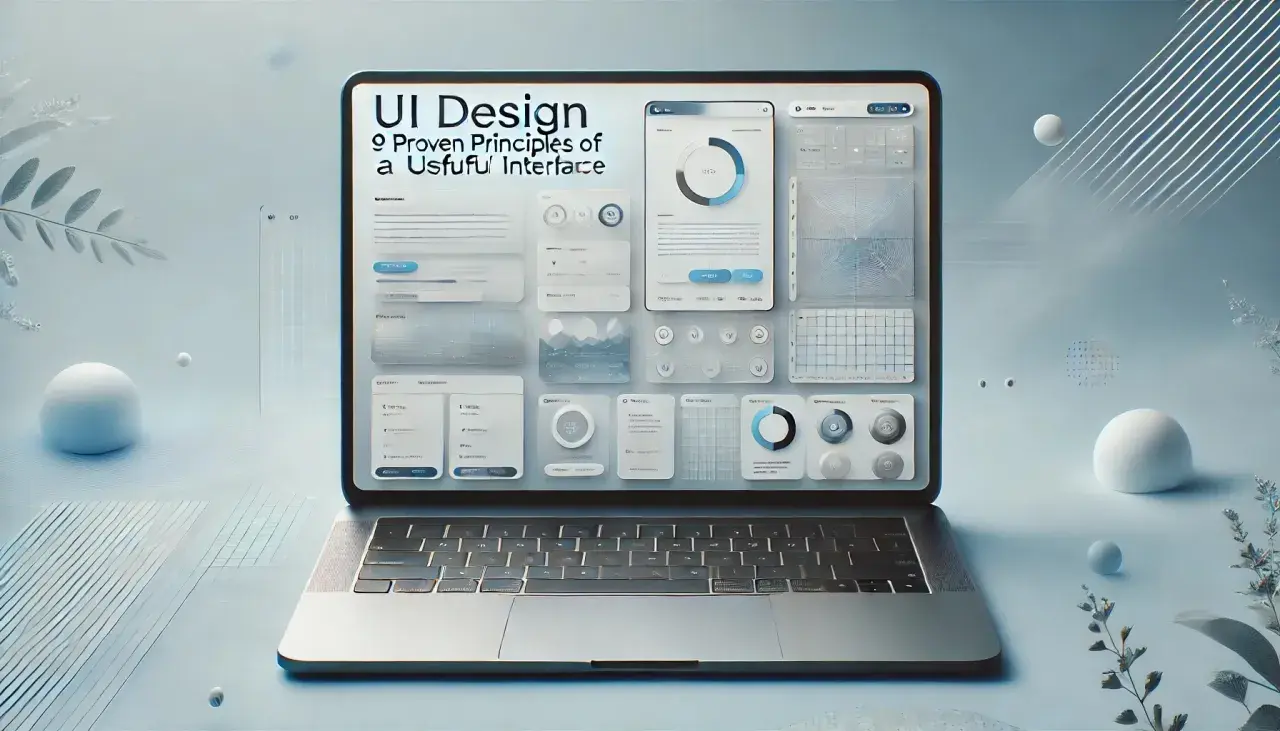 Laptop z ekranem prezentującym zasady UI Design. Widoczne różne elementy interfejsu, wykresy i przyciski.