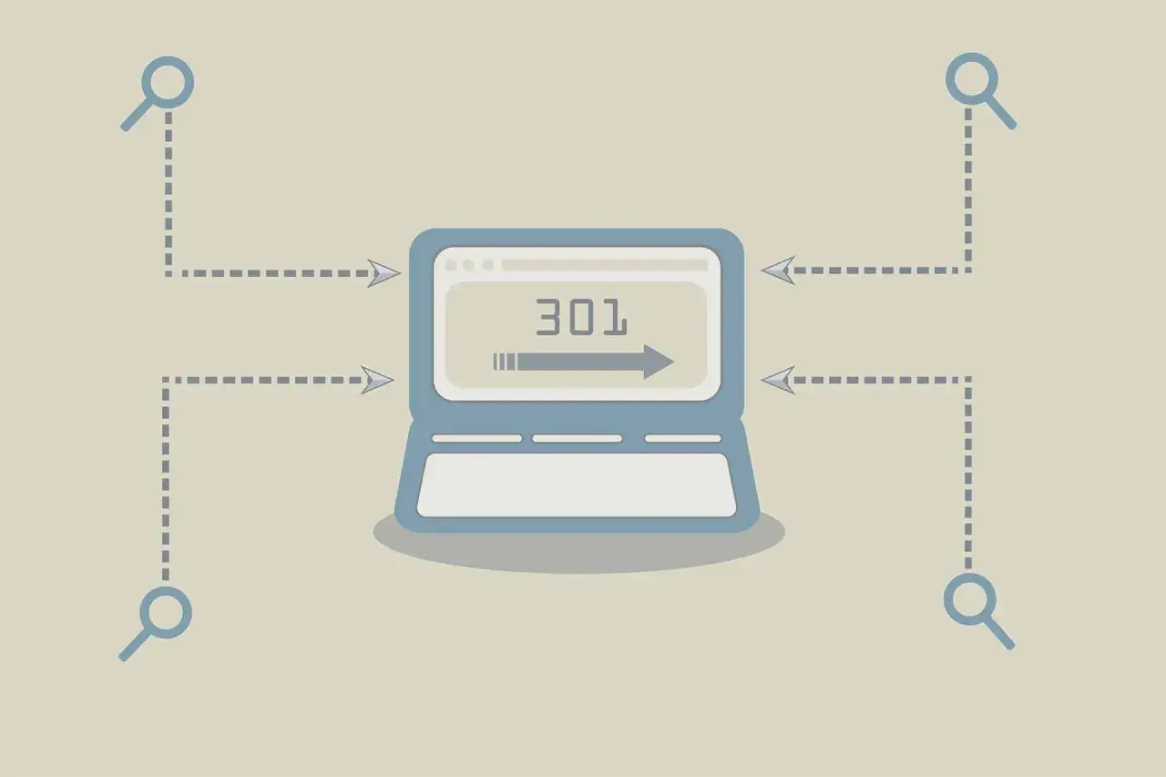 Laptop z ikoną lupy i strzałką wskazującą na "301" symbolizuje przekierowanie 302.