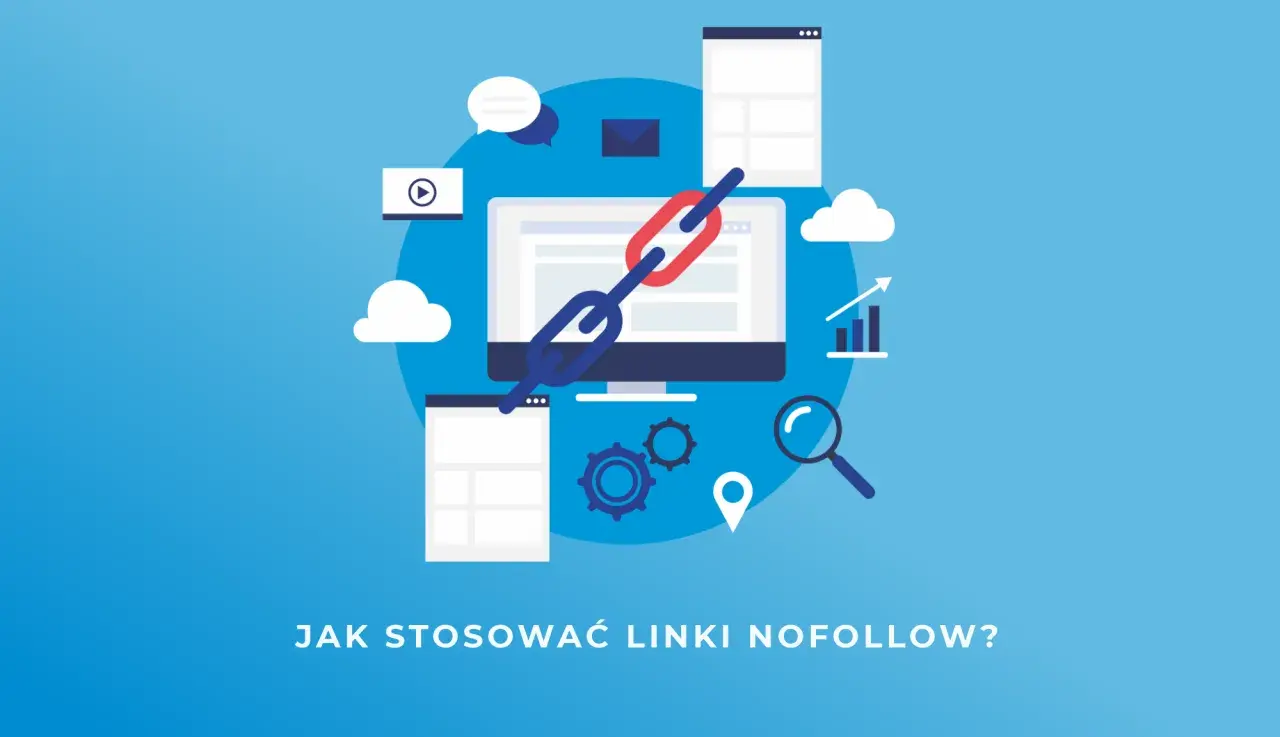 Grafika przedstawia komputer z ikonami symbolizującymi SEO i linkowanie. Pytanie brzmi: "Jak stosować linki nofollow?".