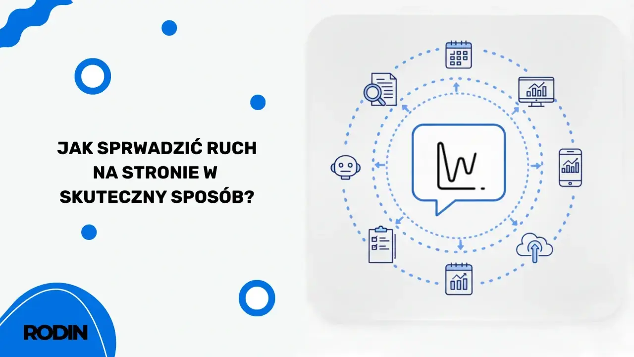 Jak sprawdzić ruch na stronie w skuteczny sposób? Grafika przedstawia schemat analizy danych: wykres, kalendarz, robot, chmura, smartfon, lista zadań.