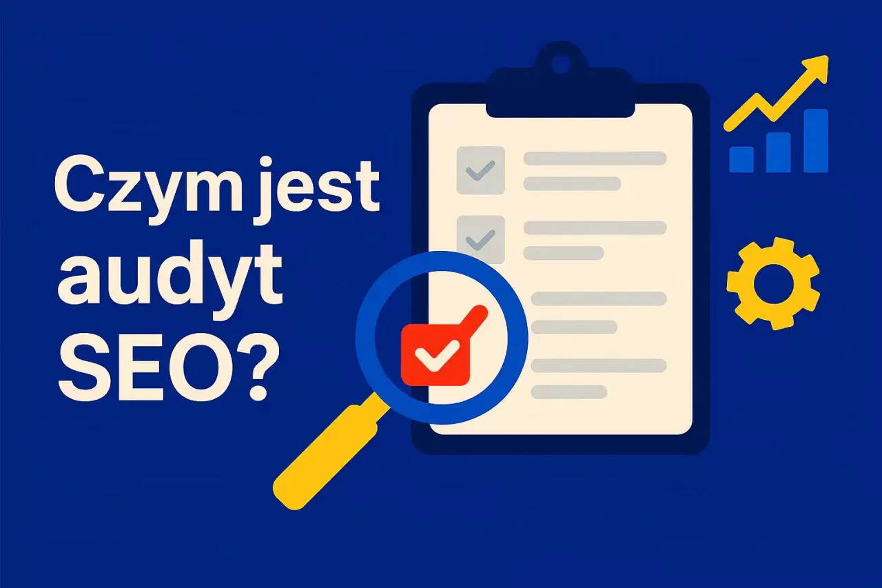 Audyt SEO: lupa bada listę zadań na tablicy, obok wykres wzrostu i trybik. Kluczowe dla techniczne seo.