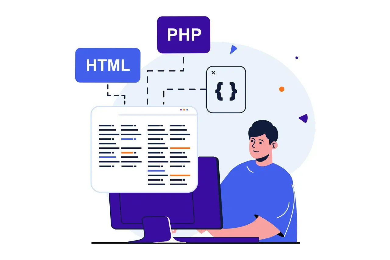 Programista tworzy wygląd strony internetowej, pracując z kodem HTML i PHP.