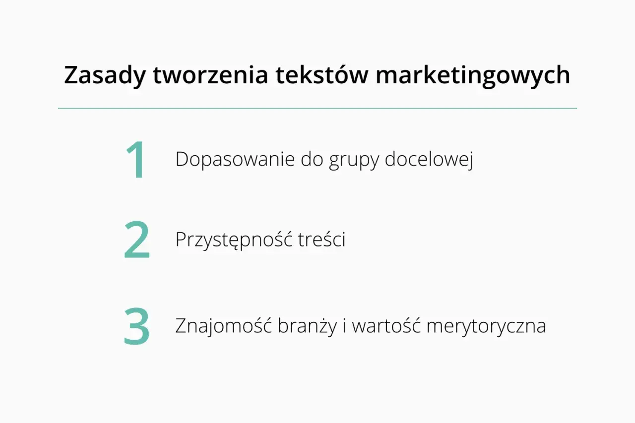Zasady tworzenia skutecznego **tekstu reklamowego**: dopasowanie do grupy, przystępność i znajomość branży.
