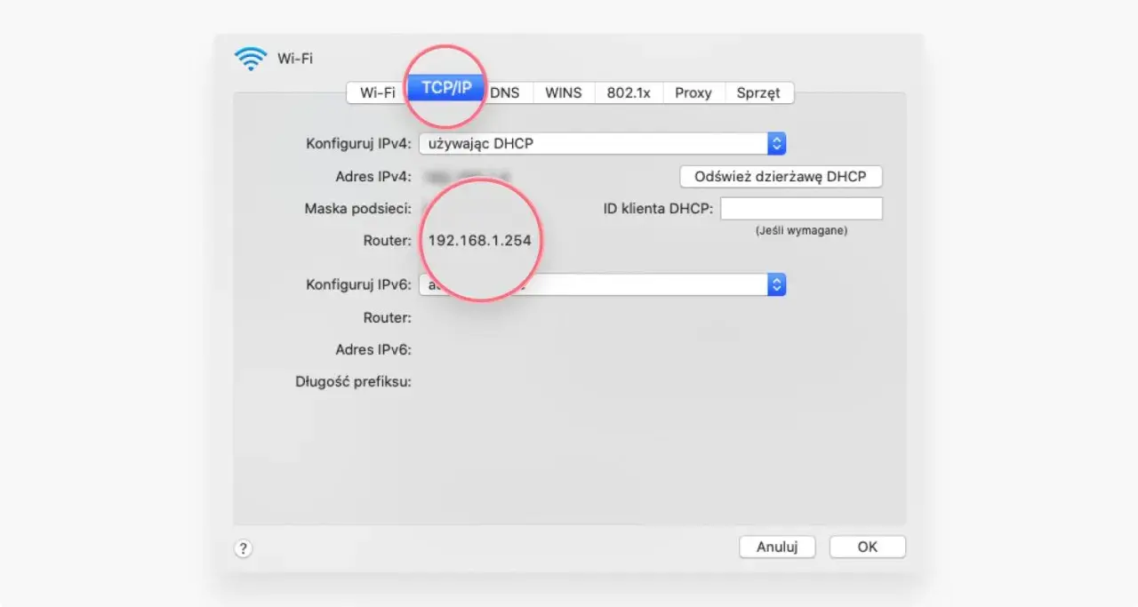 Ustawienia sieci Wi-Fi, zakładka TCP/IP. Widoczny adres routera: 192.168.1.254. To jest przykład, co to IP.
