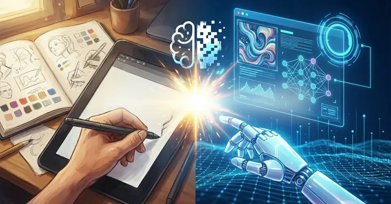 Ręka artysty tworzy szkice na tablecie, a robotyczny palec dotyka ekranu z wizualizacją sieci neuronowej. To połączenie ludzkiej kreatywności i ai grafiki.