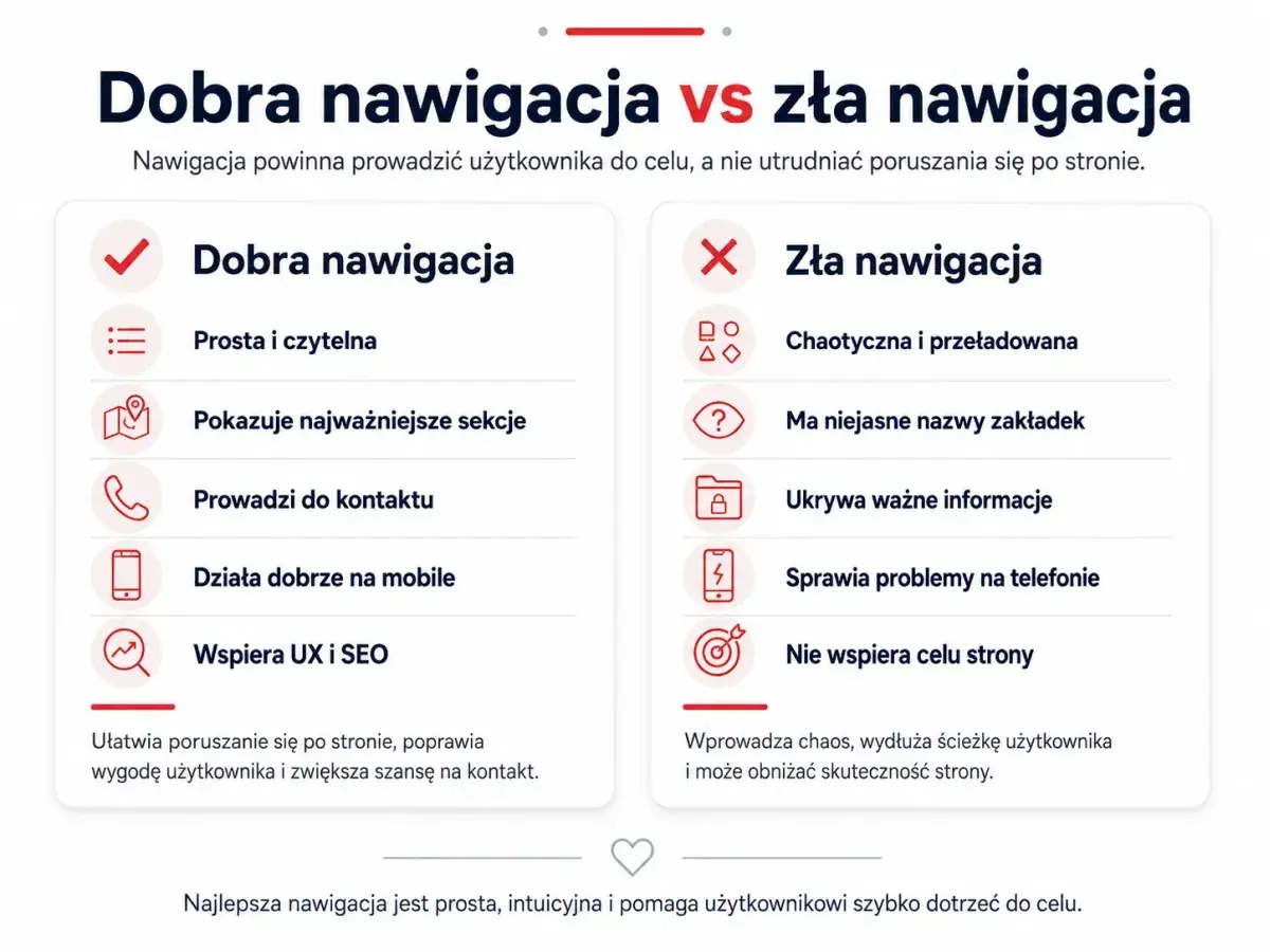 Porównanie dobrej i złej nawigacji. Dobra jest prosta, czytelna, wspiera UX/SEO i działa na mobile, jak dobrze zaprojektowany sticky menu. Zła jest chaotyczna i ukrywa informacje.