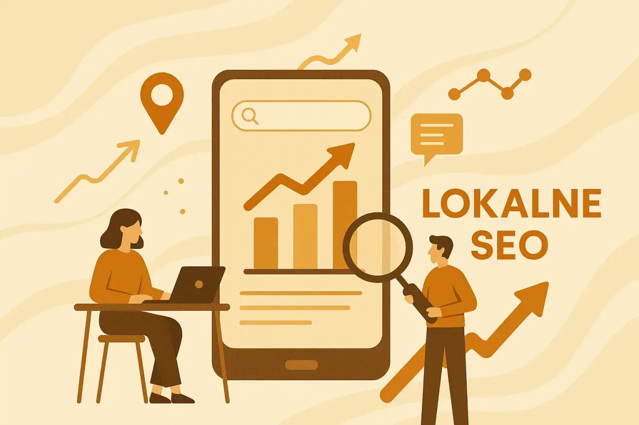 Grafika ilustruje lokalne SEO. Kobieta pracuje przy laptopie, mężczyzna analizuje dane na smartfonie za pomocą lupy. Widać wykresy wzrostu i ikonę lokalizacji.