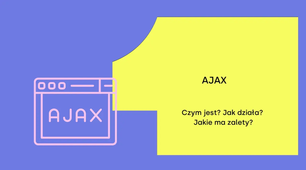 Grafika wyjaśnia, ajax co to jest, jak działa i jakie ma zalety. Widoczny jest stylizowany interfejs przeglądarki z napisem AJAX.