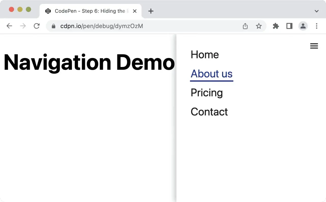 Menu nawigacyjne z opcjami: Home, About us, Pricing, Contact. Ikona hamburger menu widoczna w prawym górnym rogu.