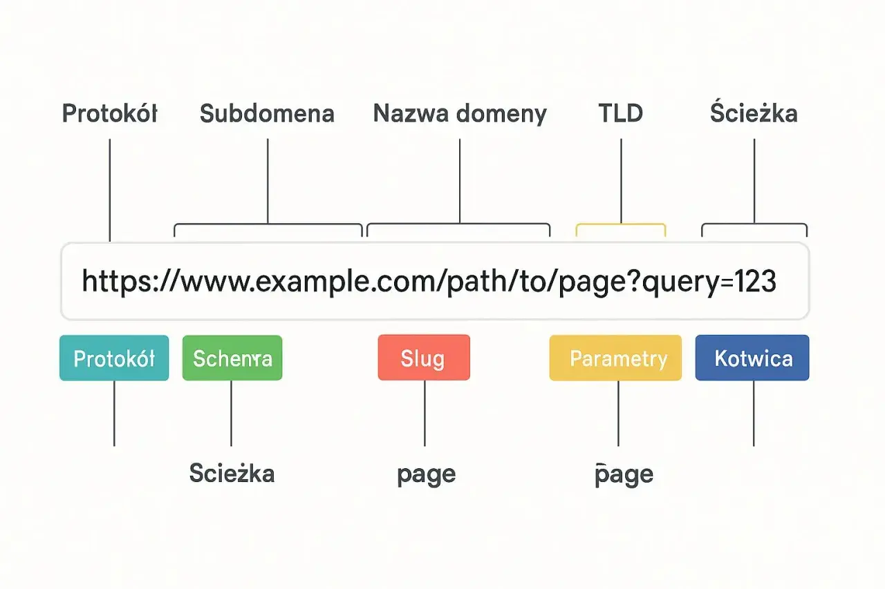 Diagram rozkłada adres internetowy na części: protokół, subdomenę, nazwę domeny, TLD, ścieżkę, slug, parametry i kotwicę.