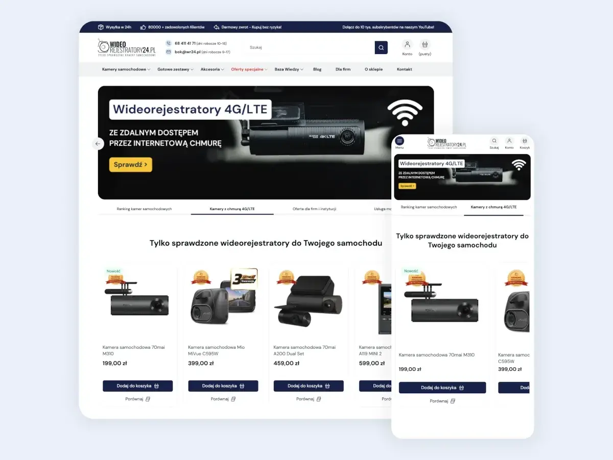 Strona sklepu z wideorejestratorami 4G/LTE. Promocja "Sprawdź" zachęca do zakupu, a sekcja "Tylko sprawdzone wideorejestratory" prezentuje modele. Możliwość porównania produktów.