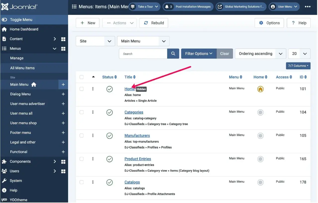 Panel administracyjny cms joomla. Widok listy elementów menu, gdzie zaznaczono pozycję "Home" jako ukrytą.