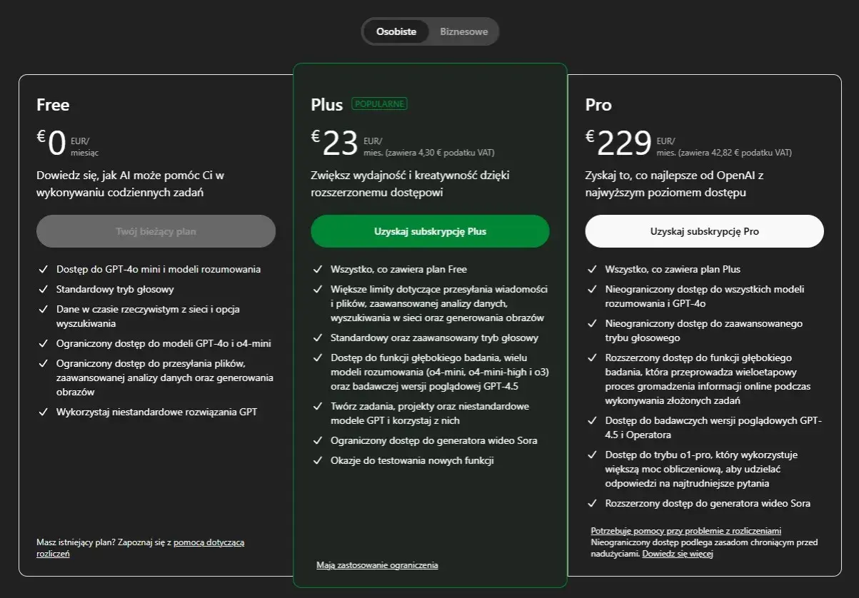 Porównanie planów: Free, Plus i Pro. Plan Plus oferuje ulepszenia, w tym dostęp do modeli GPT-4.5 i generatora wideo Sora.