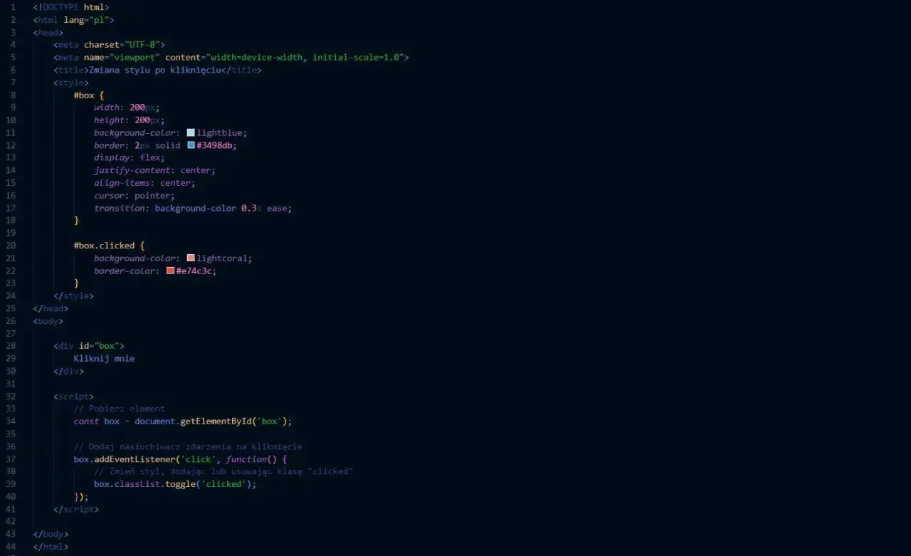 Kod HTML i JavaScript pokazujący, jak zmienić styl elementu po kliknięciu. To jest przykład, javascript co to.