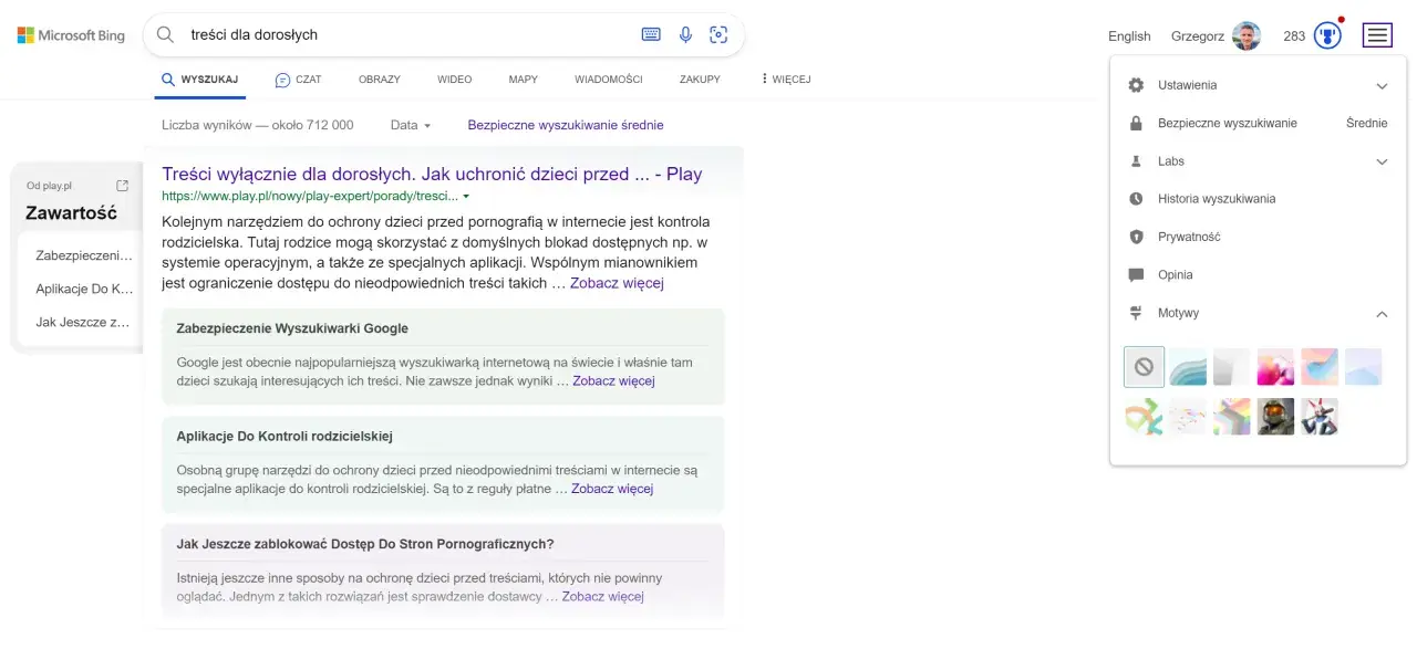 Ustawienia "google safesearch" włączone, aby chronić dzieci przed nieodpowiednimi treściami. Dostępne są różne poziomy bezpieczeństwa.