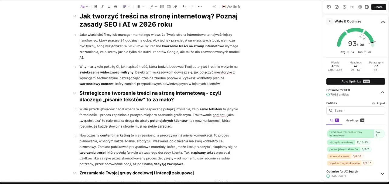 Optymalizacja tworzenia treści na stronę internetową z pomocą AI. Artykuł omawia zasady SEO i AI w 2026 roku.
