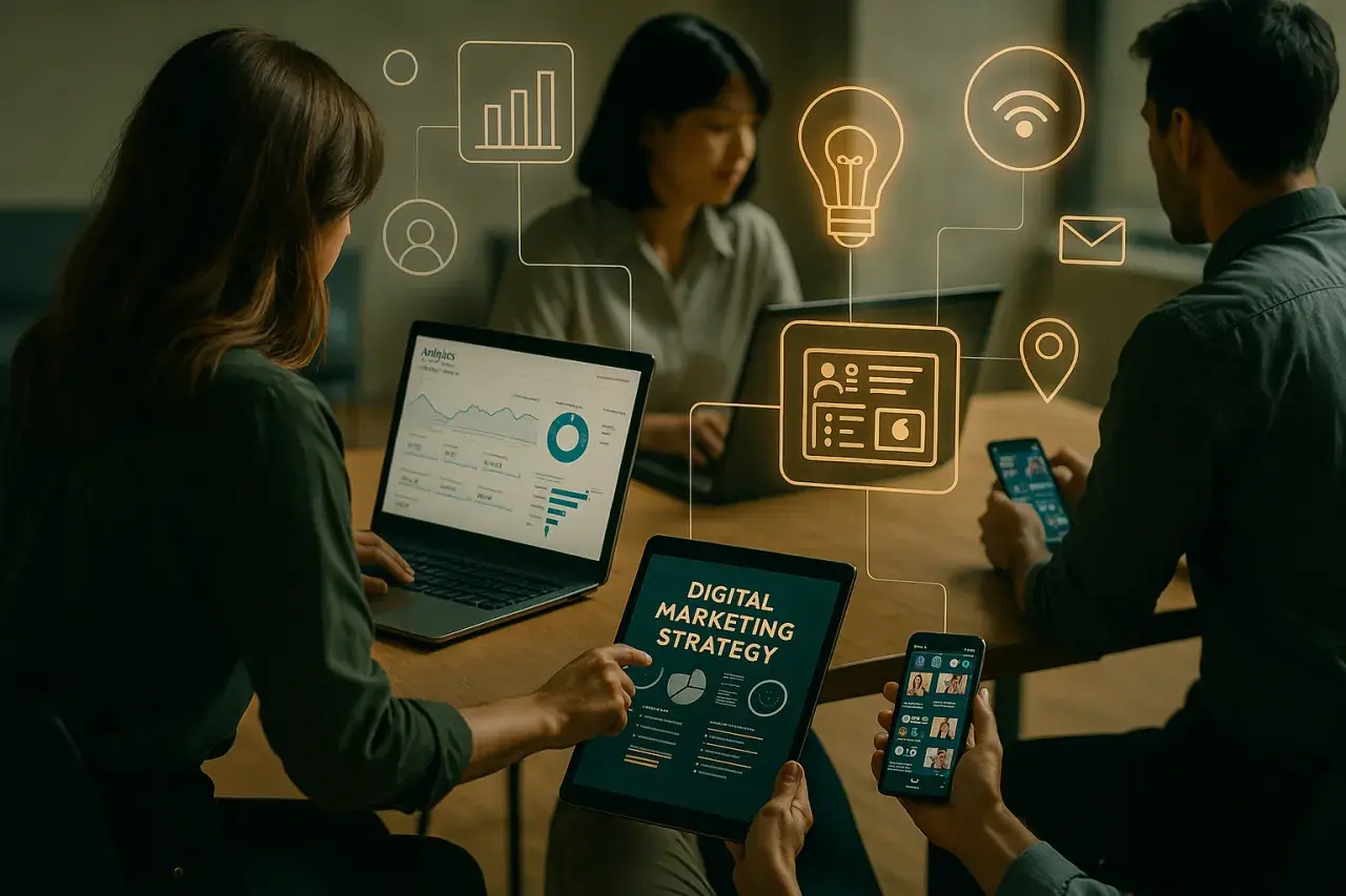 Zespół analizuje dane i tworzy strategię digital marketingową, korzystając z laptopów i tabletów.