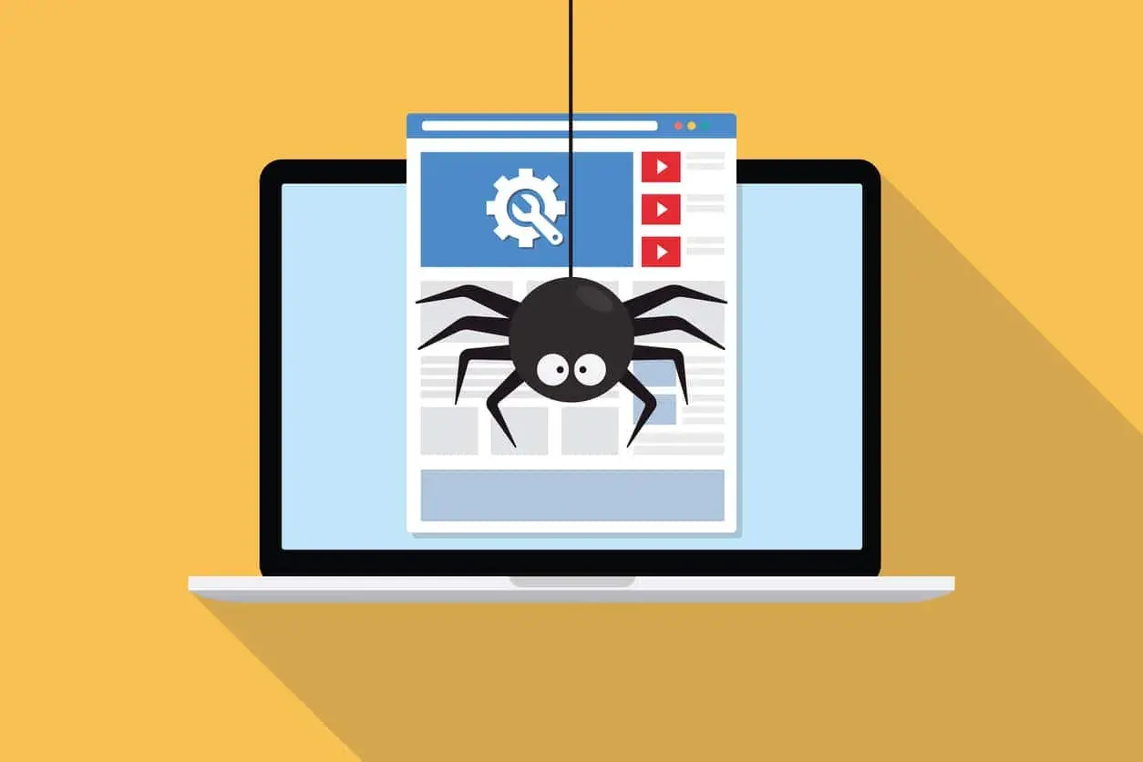 Grafika pokazuje pająka indeksującego stronę internetową na laptopie. Dowiedz się, jak sprawdzić, czy strona jest zaindeksowana.