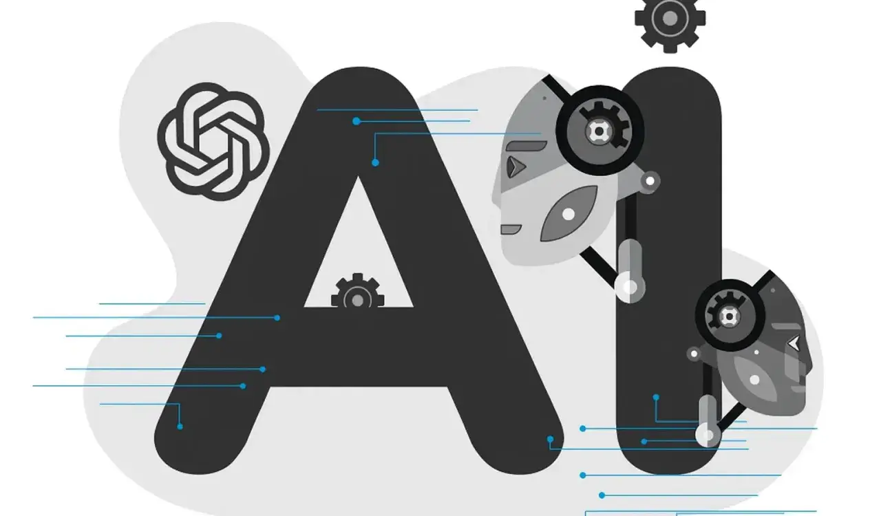 Grafika przedstawia litery "AI" z elementami robotycznymi i symbolem OpenAI, sugerując rozwój technologii, jak chat gpt-3.