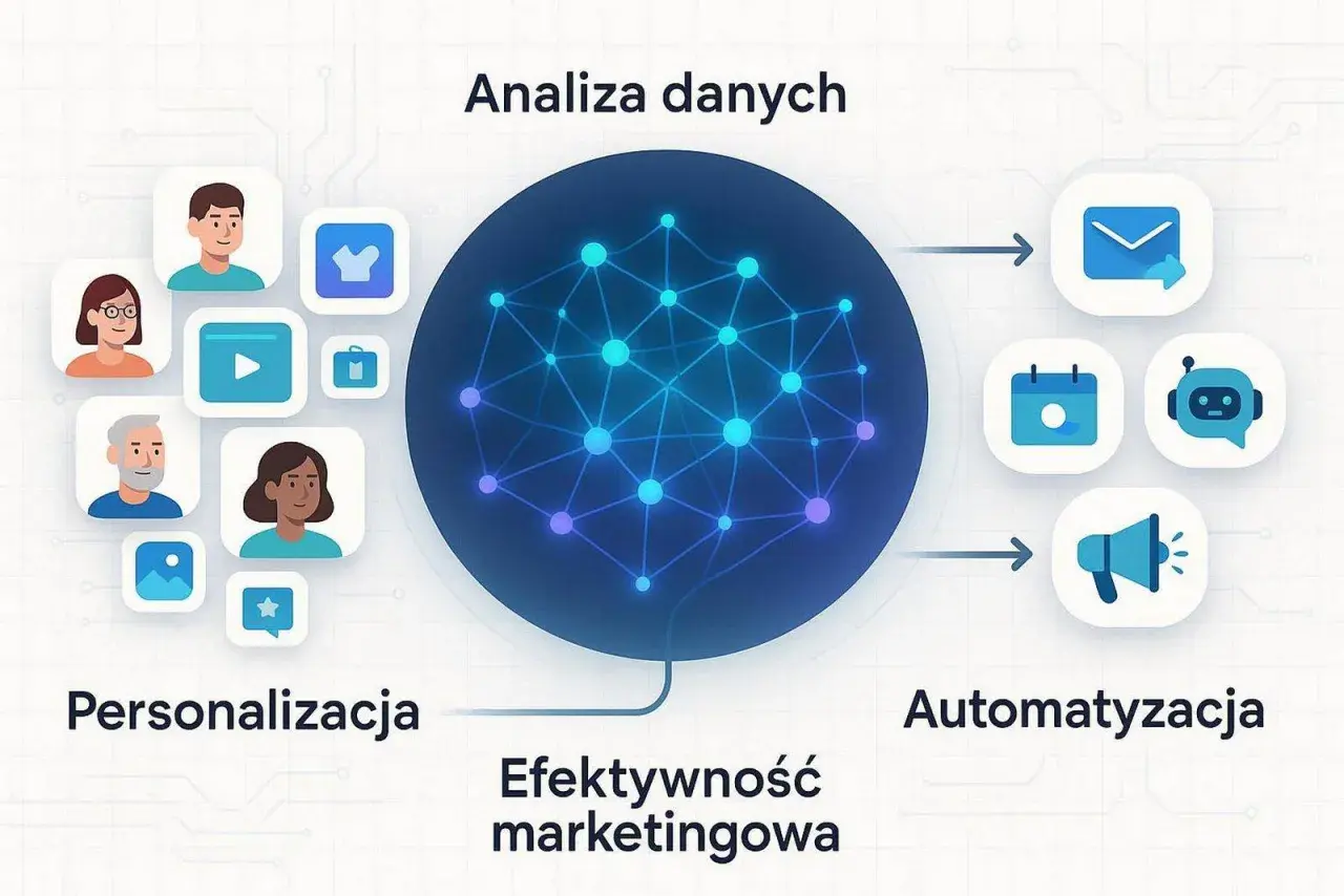 Grafika przedstawia schemat analizy danych z wykorzystaniem narzędzi AI. Personalizacja i automatyzacja działań marketingowych dzięki sztucznej inteligencji.