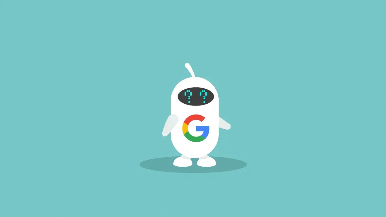 Biały, przyjazny google bot z logo Google na brzuchu i niebieskimi znakami zapytania zamiast oczu.