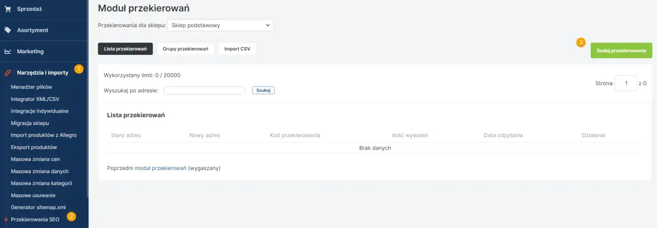 Panel administracyjny sklepu z opcją dodawania i zarządzania przekierowaniami 301. Widoczna lista przekierowań, pole wyszukiwania i przycisk dodawania.