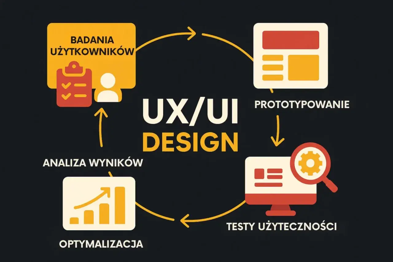 Schemat procesu UX/UI design: badania użytkowników, prototypowanie, testy użyteczności, optymalizacja.