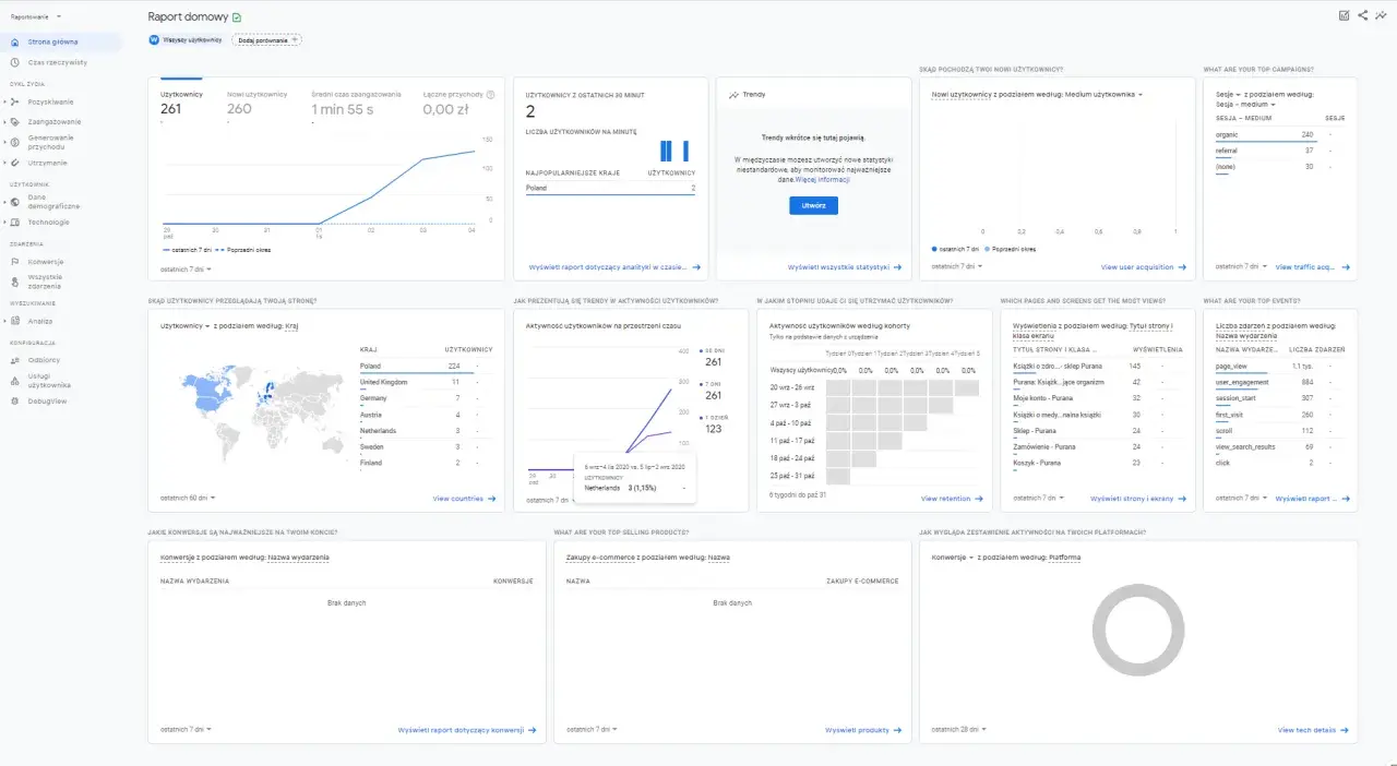 Panel Google Analytics z danymi o użytkownikach, ruchu na stronie, konwersjach i trendach.