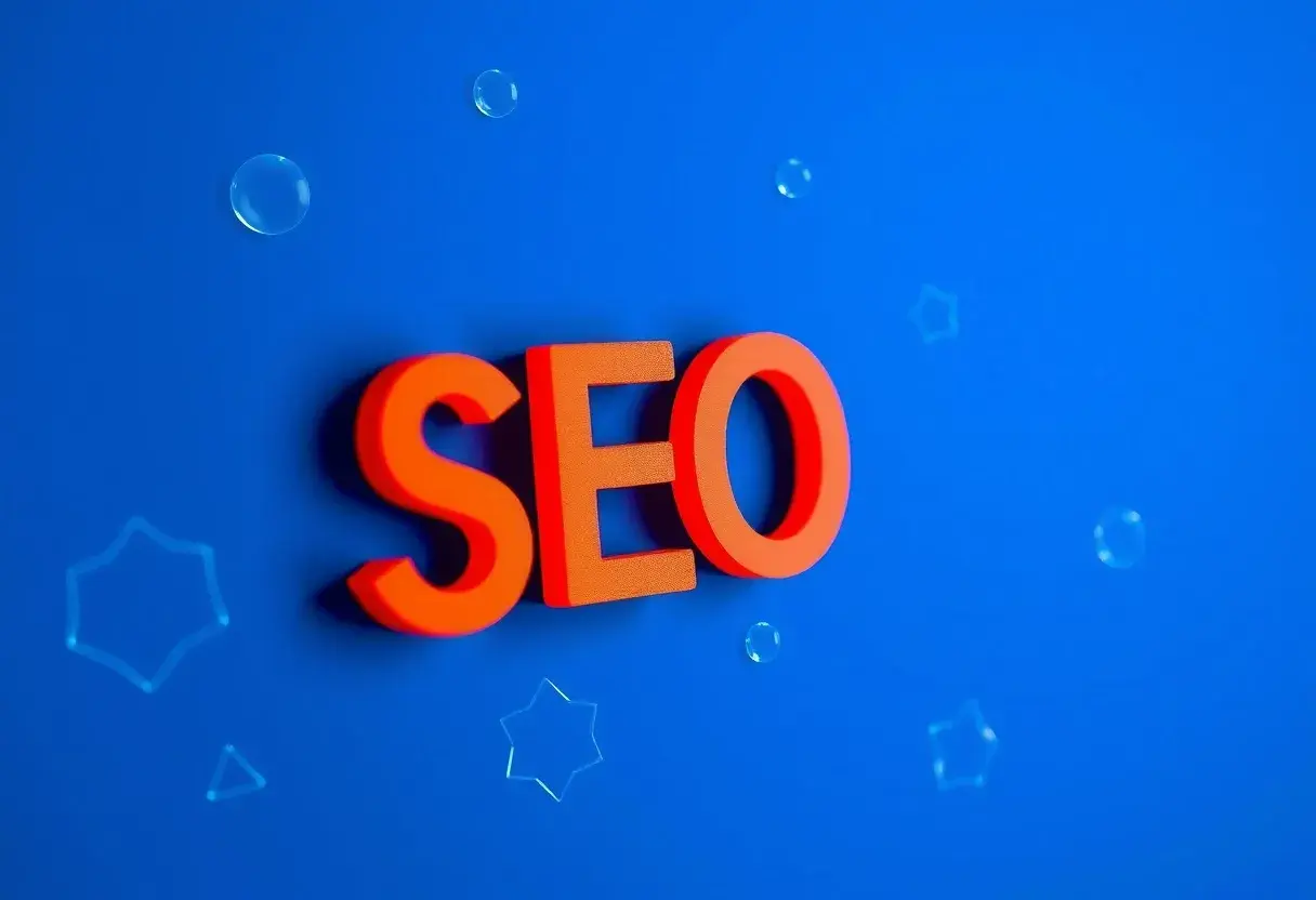 Pomarańczowe litery SEO unoszą się na niebieskim tle, otoczone bańkami i gwiazdkami. Kluczowe słowa dla Twojej strony.
